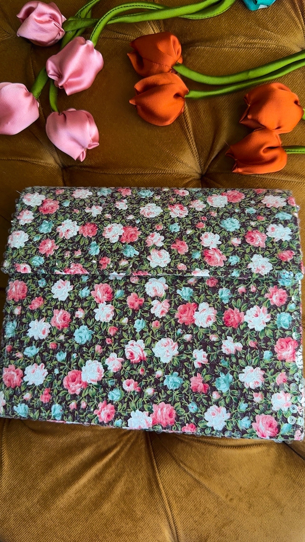 Midnight Garden: Handmade Floral Sequinned Envelope Bag