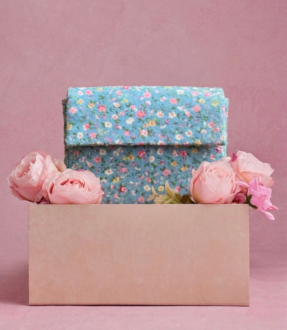 Azure Blossom Envelope – Hand-Embroidered Sky Floral Clutch