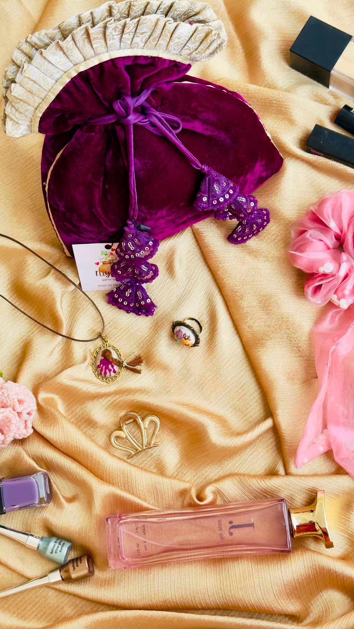 Neelofer Hand-Embellished Velvet Potli Bag with Tiered Jhumka Tassels – Royal Purple (Customizable)