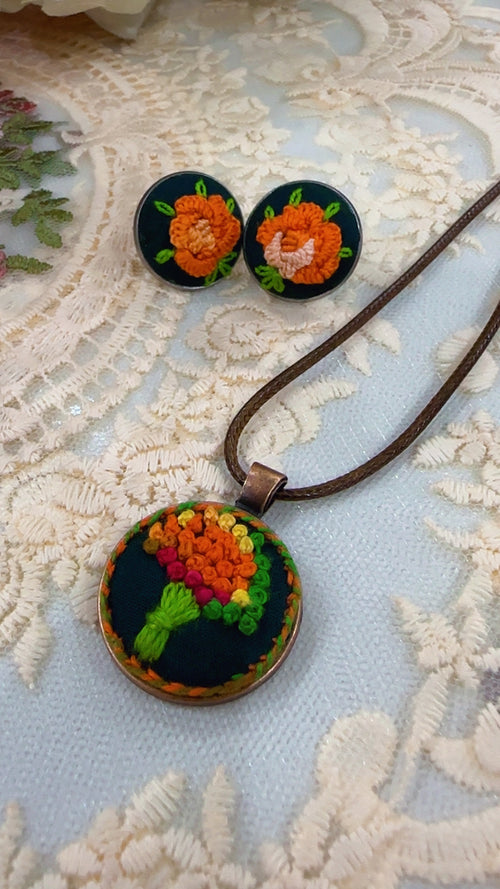 Autumn Harvest Bouquet Hand-Embroidered Fall Pendant Necklace