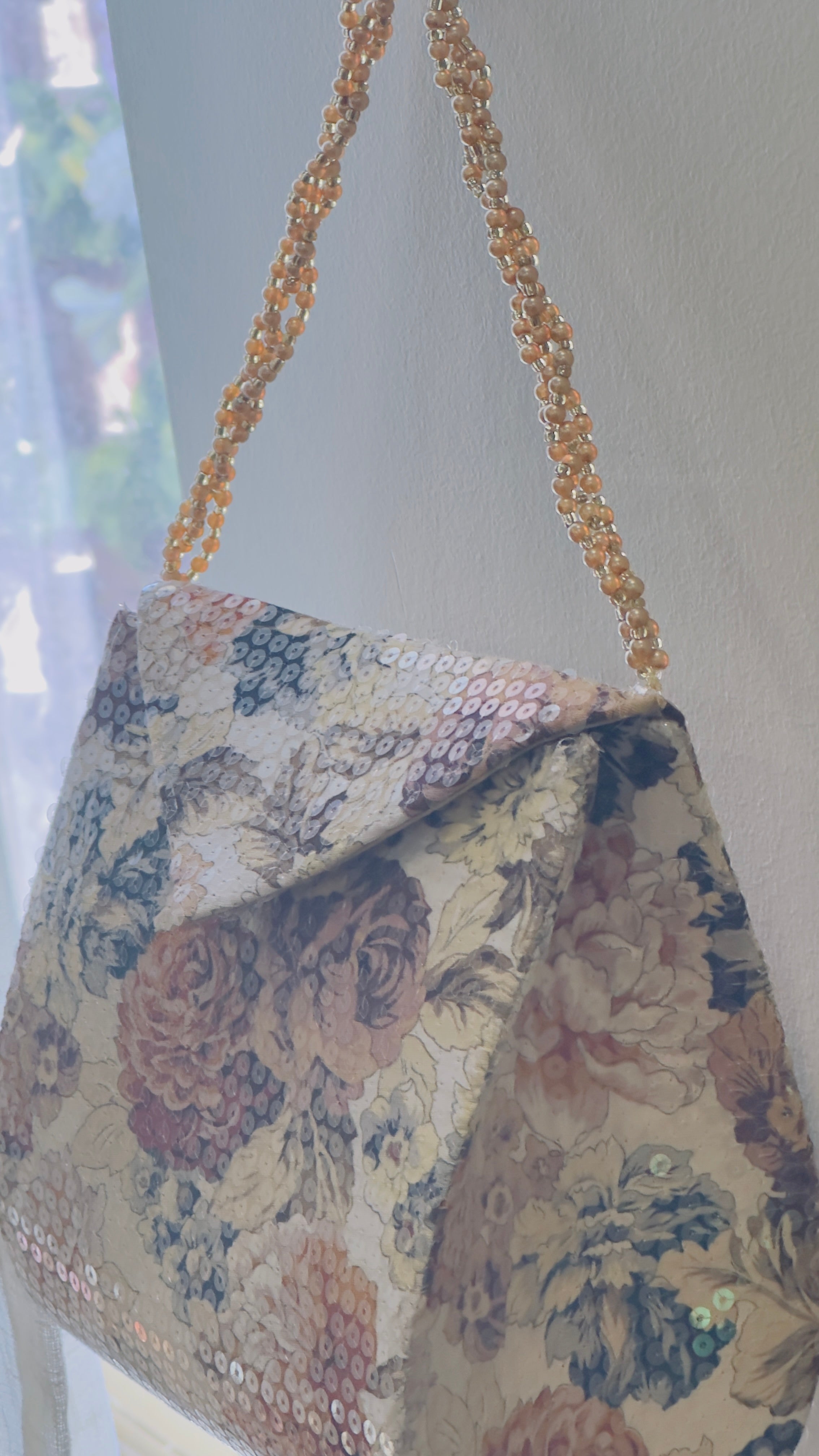 Golden Harvest: Vintage Floral Sequin Bag with Beaded Handle