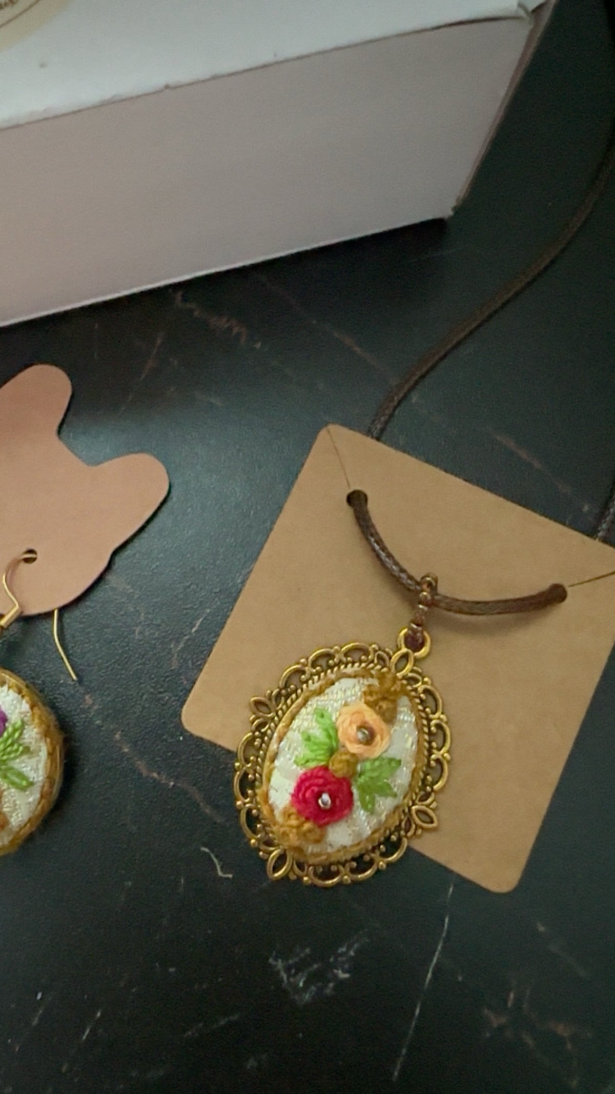 Vintage Rose Garden Hand-Embroidered Floral Pendant Necklace