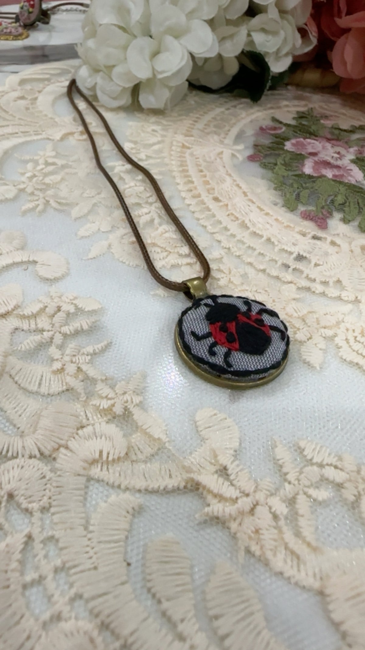 Lucky Ladybug Hand-Embroidered Kid-Friendly Pendant Necklace