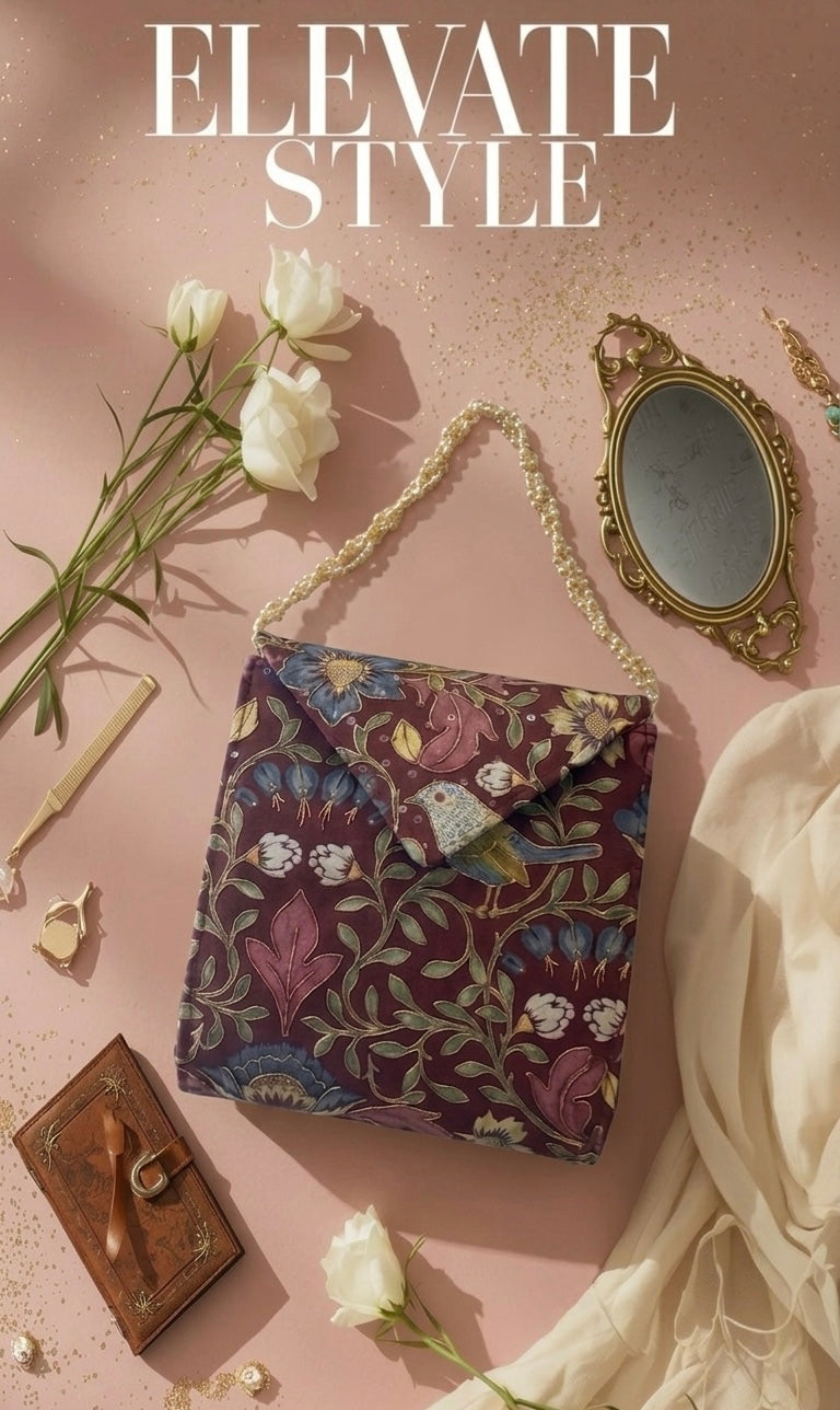 Gilded Nightingale: Maroon Bird Bag With Golden Outline