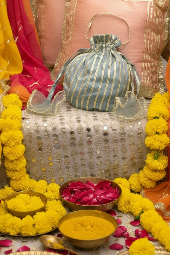 Zareen: Powder Blue & Gold Striped Festive Potli Bag