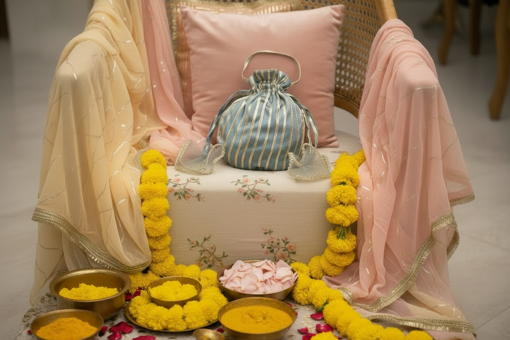 Zareen: Powder Blue & Gold Striped Festive Potli Bag