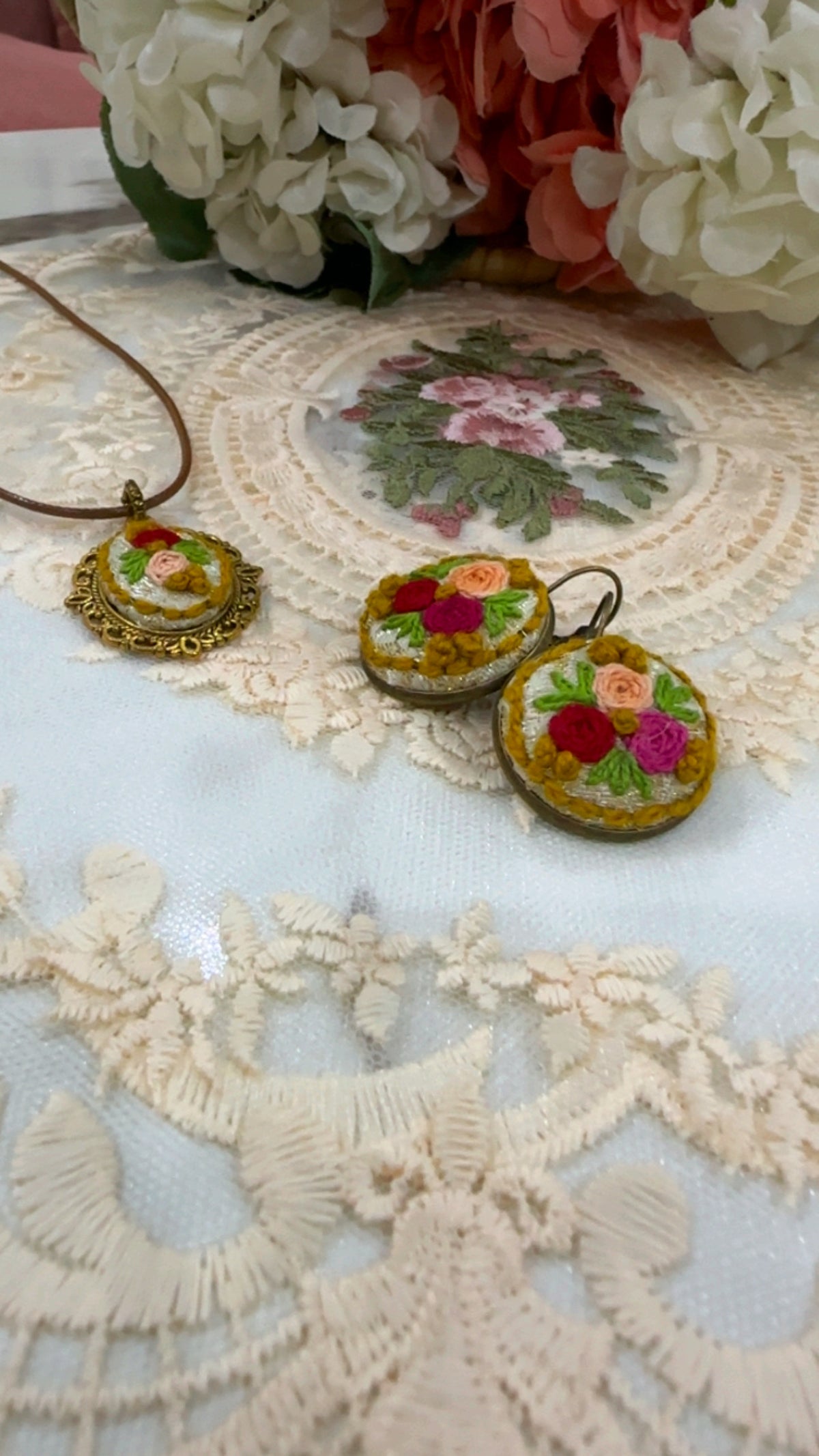 Vintage Rose Garden Hand-Embroidered Floral Statement Earrings