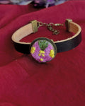 Handmade Floral Embroidery Leather Bracelet - Purple Bloom
