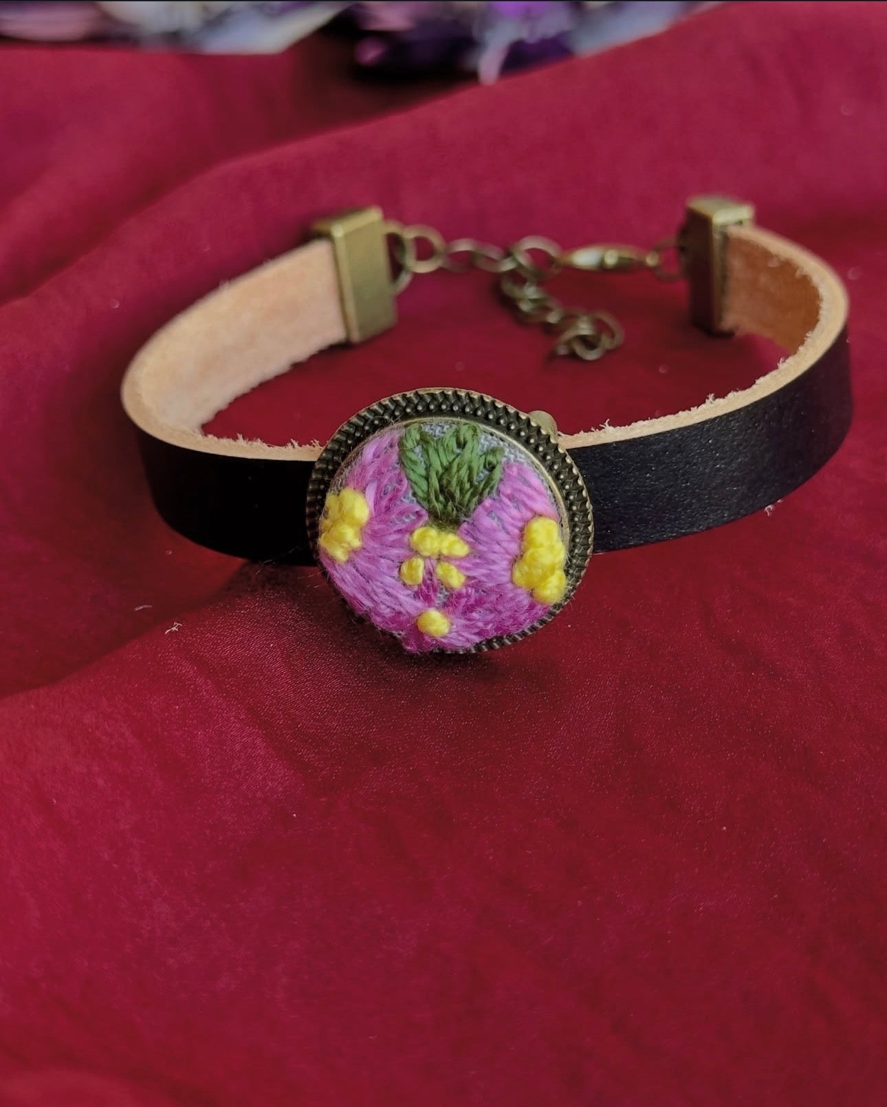 Handmade Floral Embroidery Leather Bracelet - Purple Bloom