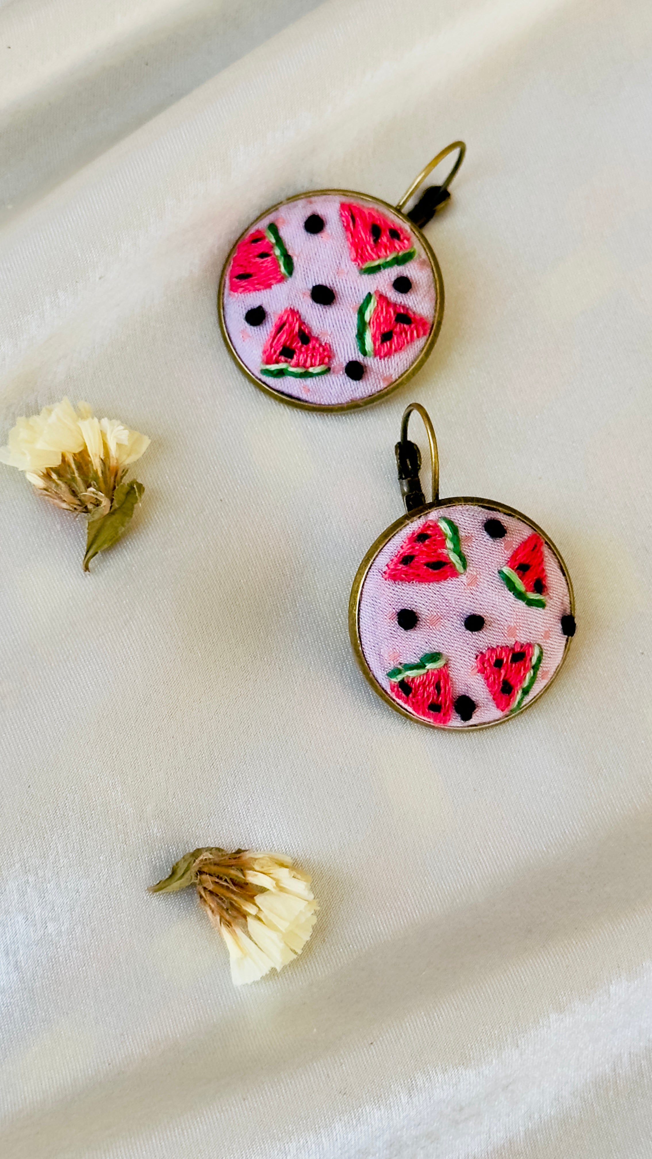 Summer Watermelon Hand-Embroidered Drop Earrings