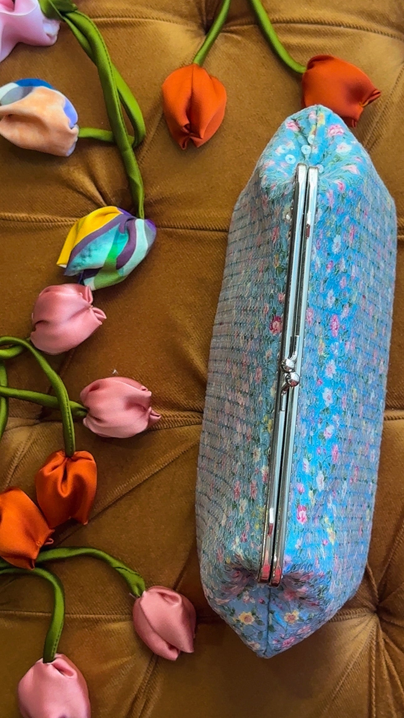 Azure Meadow: Handmade Floral Sequin Frame Clutch Bag