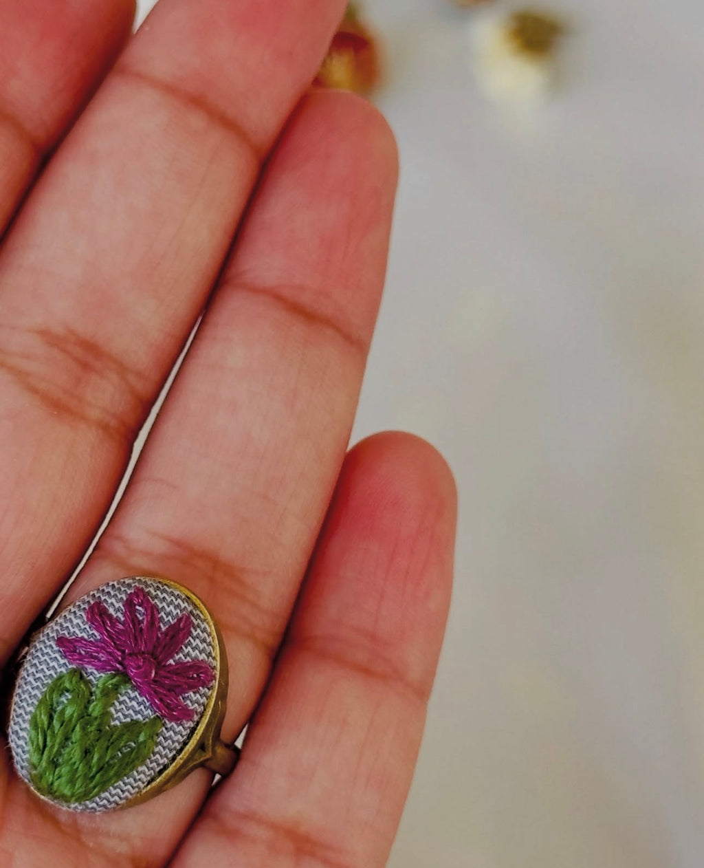 Hand-Embroidered Purple Daisy Minimalist Statement Ring