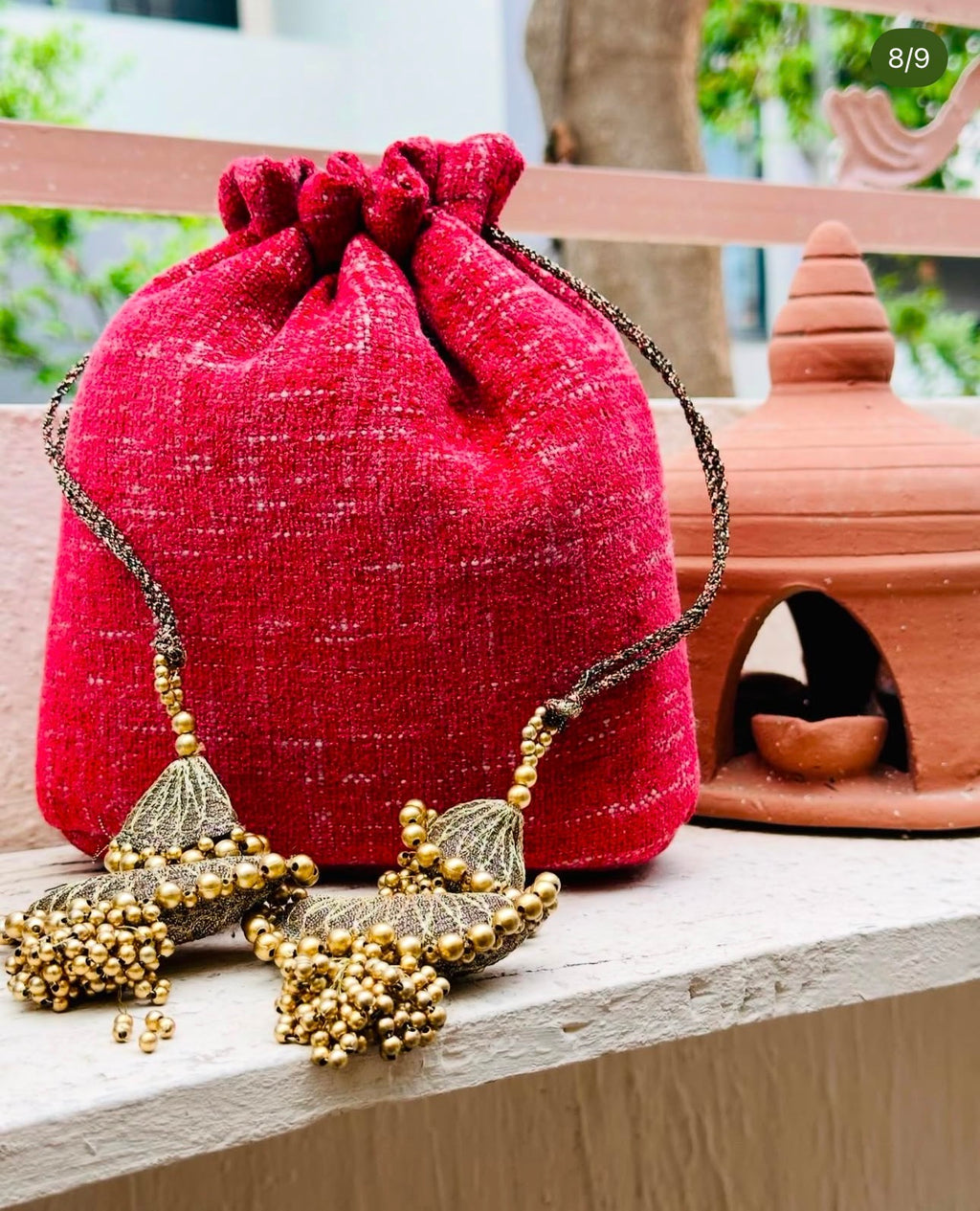 Gulaab | Crimson Textured Velvet Potli with Pearl Muse Strap