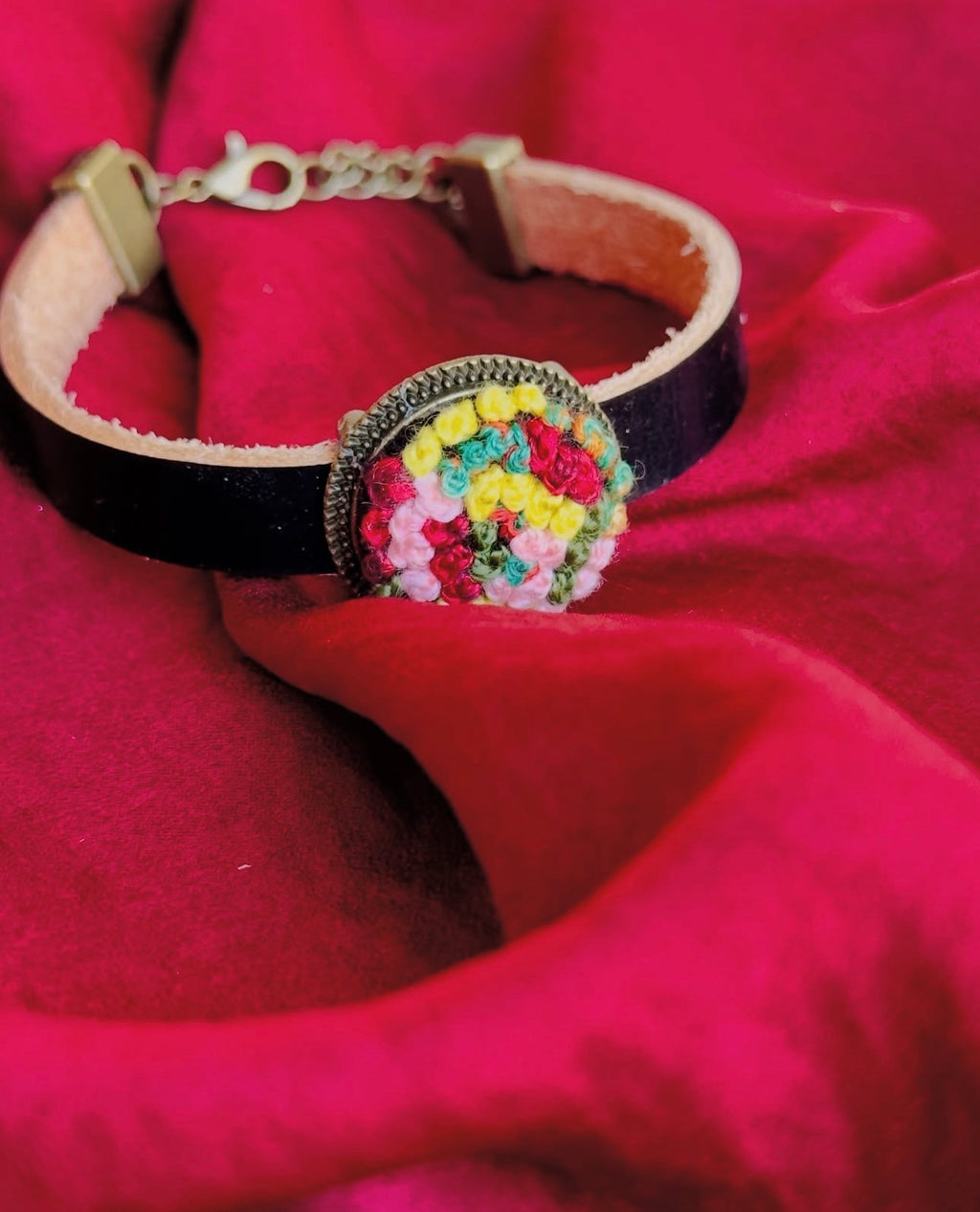 Hand-Embroidered Leather Bracelet | Boho Floral Wrist Cuff