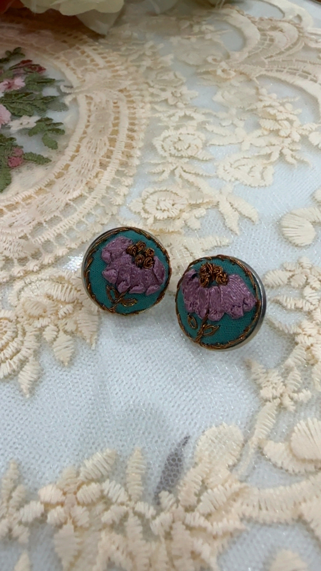 Teal Blossom Grace Ribbon-Work Floral Statement Earrings
