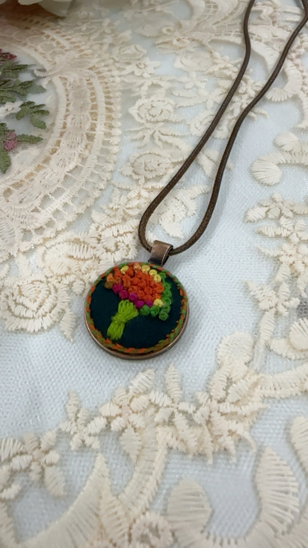 Autumn Harvest Bouquet Hand-Embroidered Fall Pendant Necklace