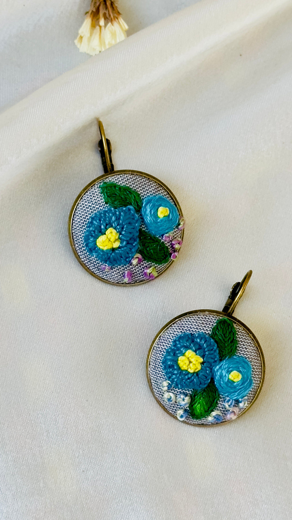 Blue Floral Hand-Embroidered Drop Earrings | Artisan Jewelry