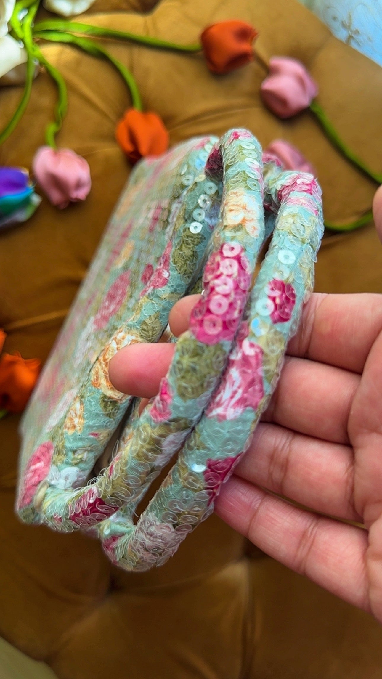 Bloom Box: Handmade Sage Floral Bag with Sequin Ring Handle