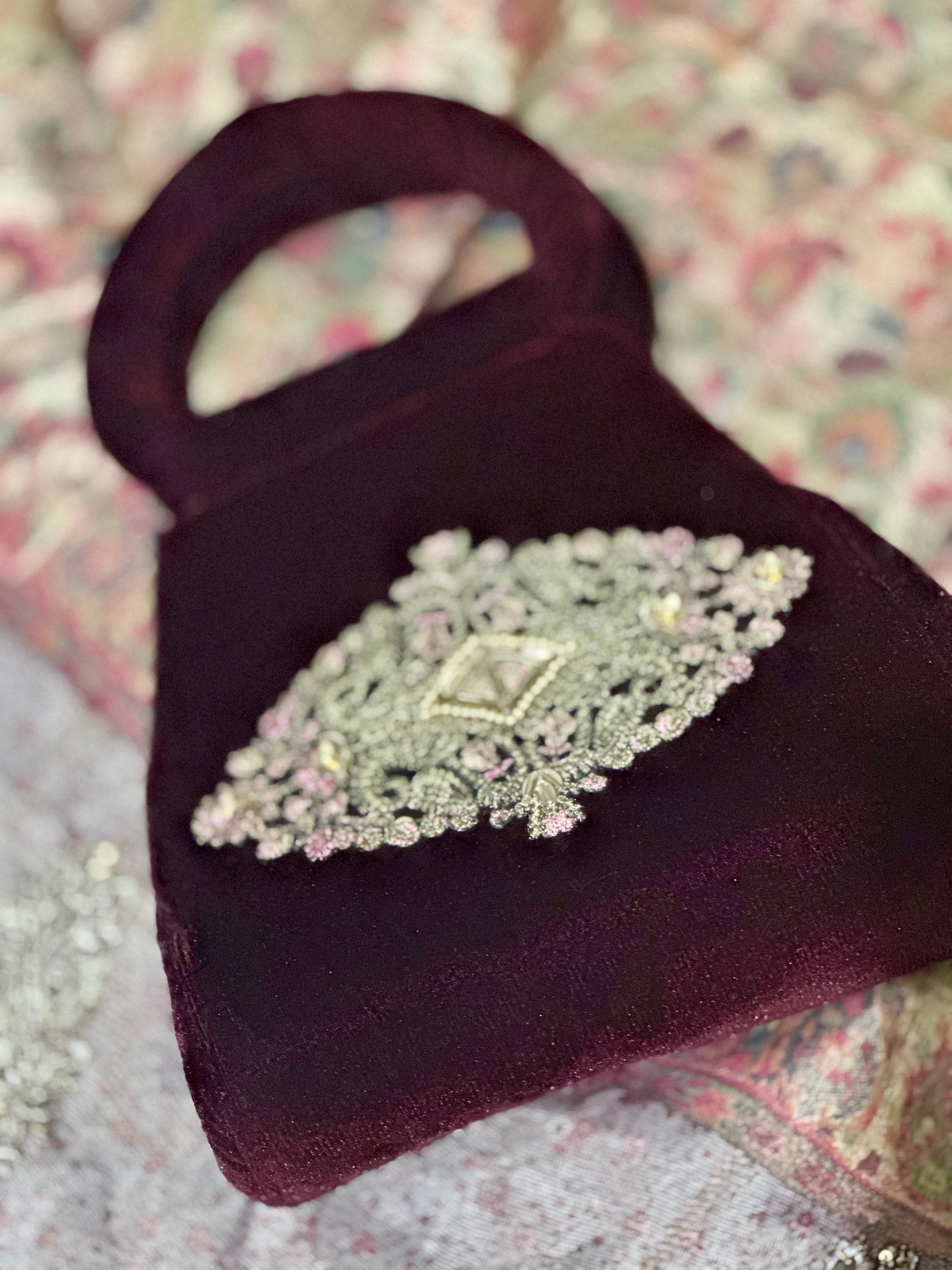 Bakht: Handmade Burgundy Velvet Embroidered Wedding Bag