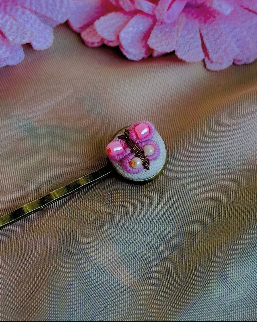 Hand-Embroidered Pink Butterfly Hair Pin - Vintage Brass