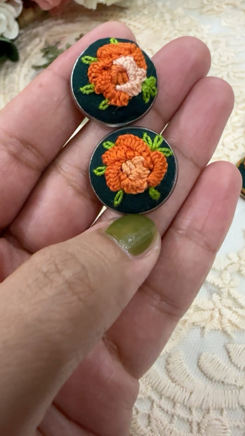 Autumn Rust Blossom Hand-Embroidered Floral Statement Earrings