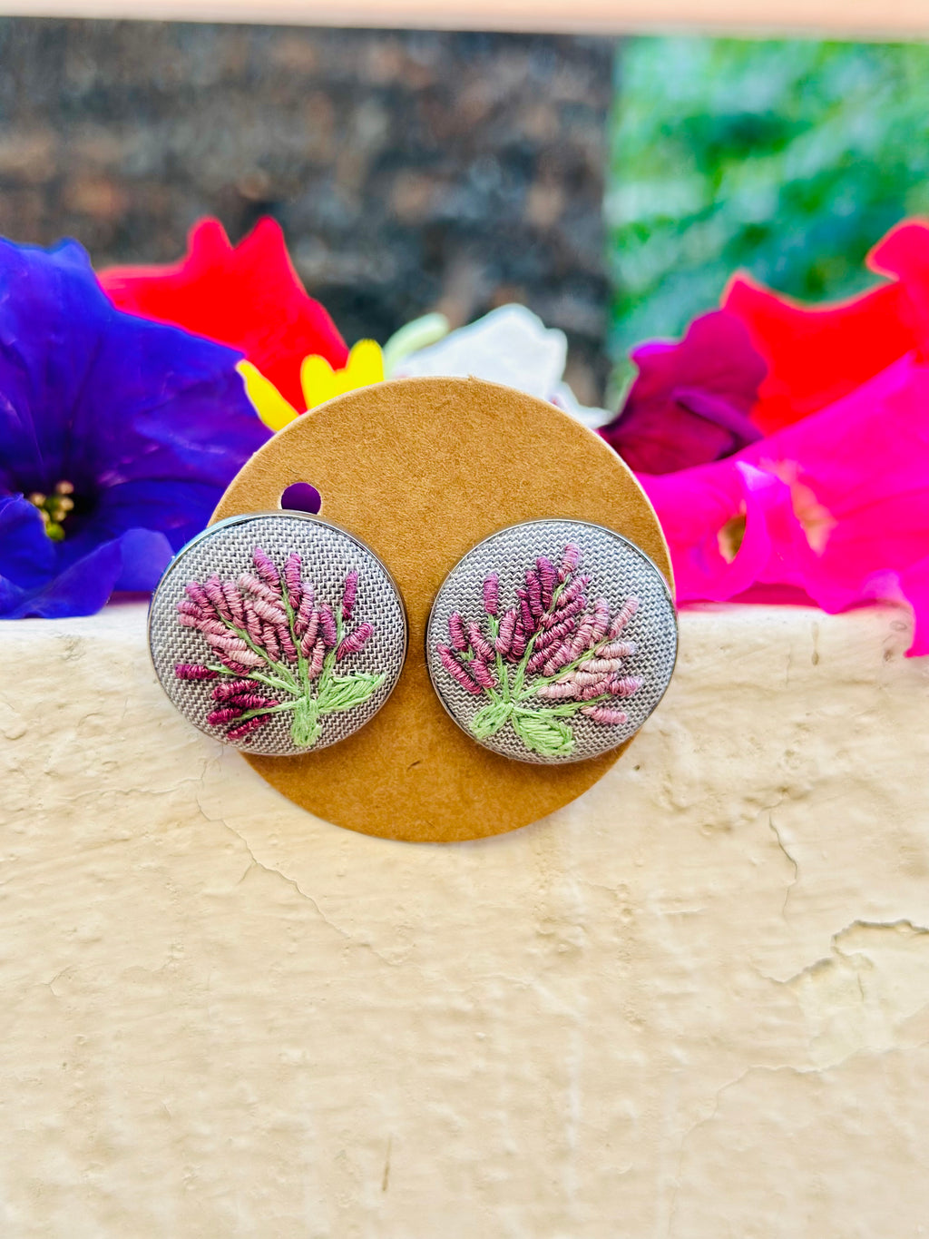 Lavender Bloom Hand-Embroidered Floral Stud Earrings - Baagh
