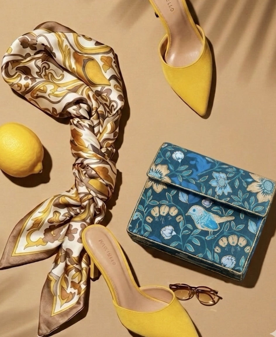 Vintage Blue Bird Print Clutch with Hand-Embroidered Golden Outline