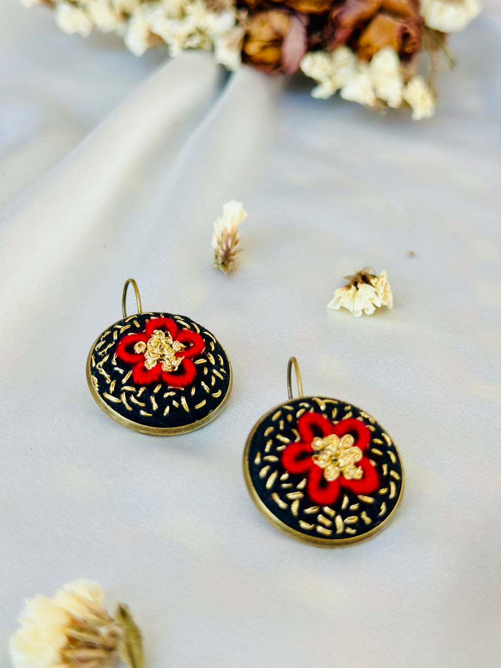 Red & Gold Royal Floral Hand-Embroidered Drop Earrings