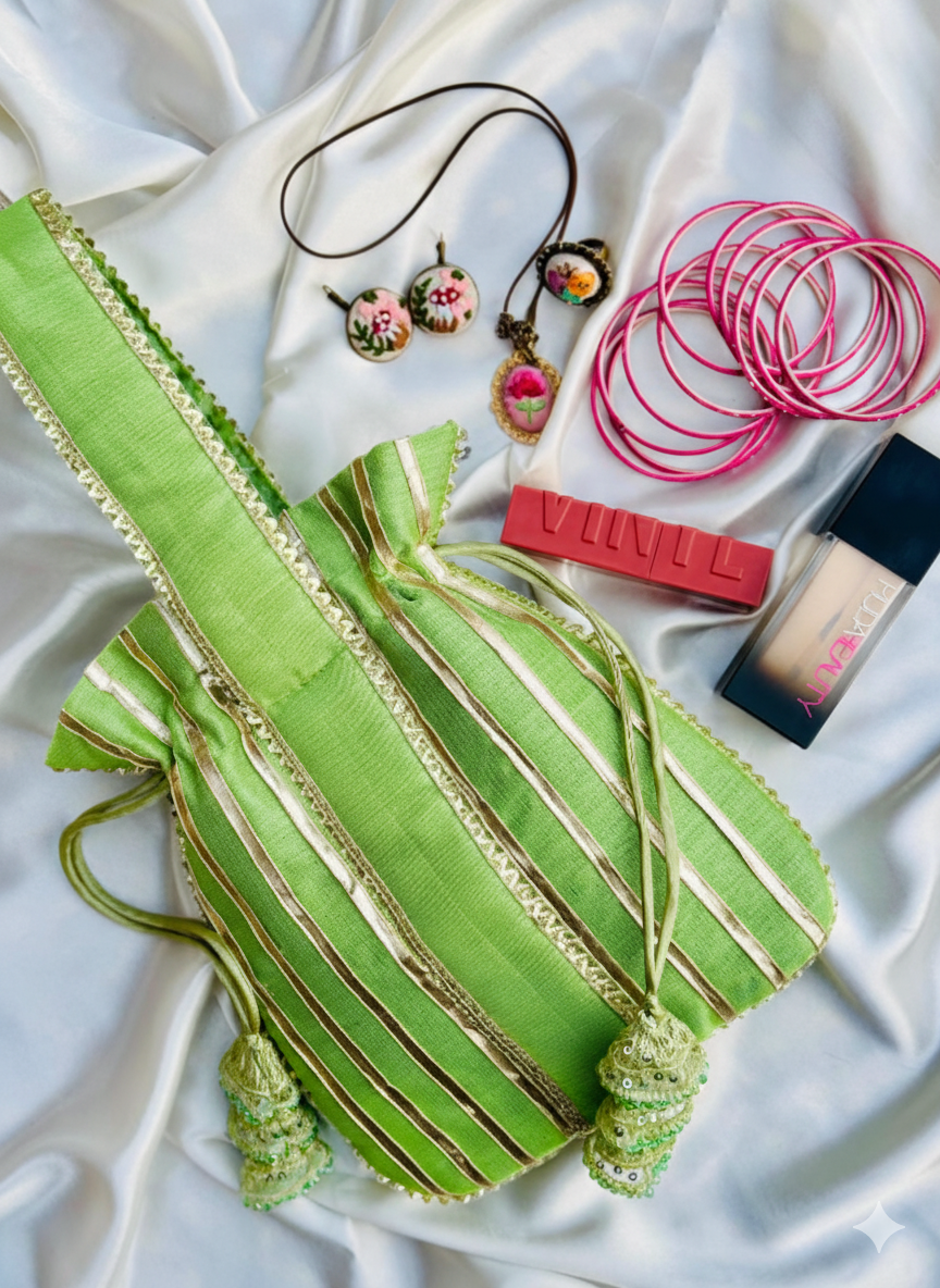 Handmade Lime Green Zari Gota Patti Potli Bag - Festive Wedding & Party Clutch