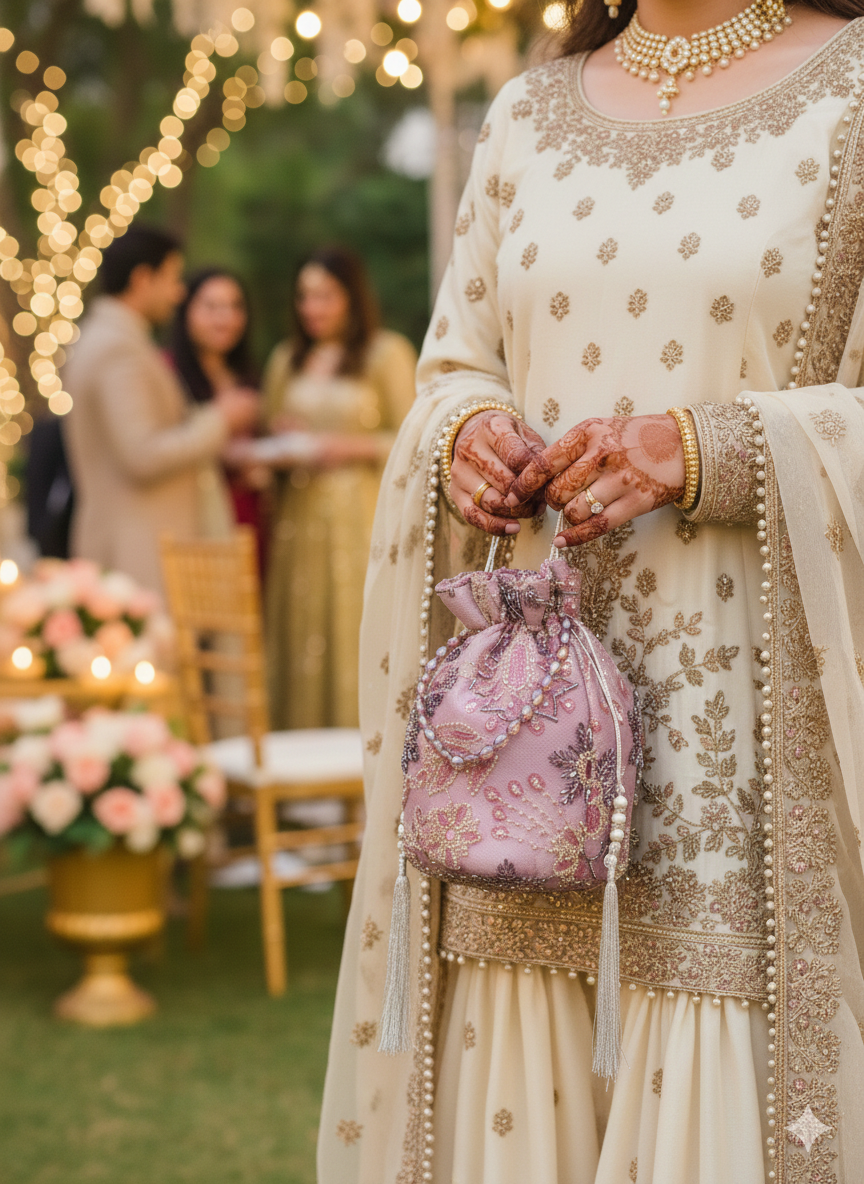 Dur-e-Nayab: Radiant Rose & Pearl Hand-Embellished Potli