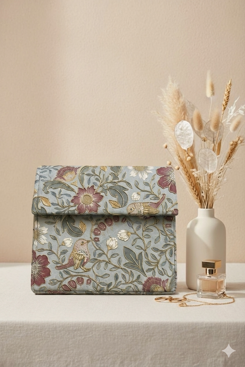 Hand-Embroidered Floral & Bird Print Clutch - Vintage Grey with Gold Tilla Detail
