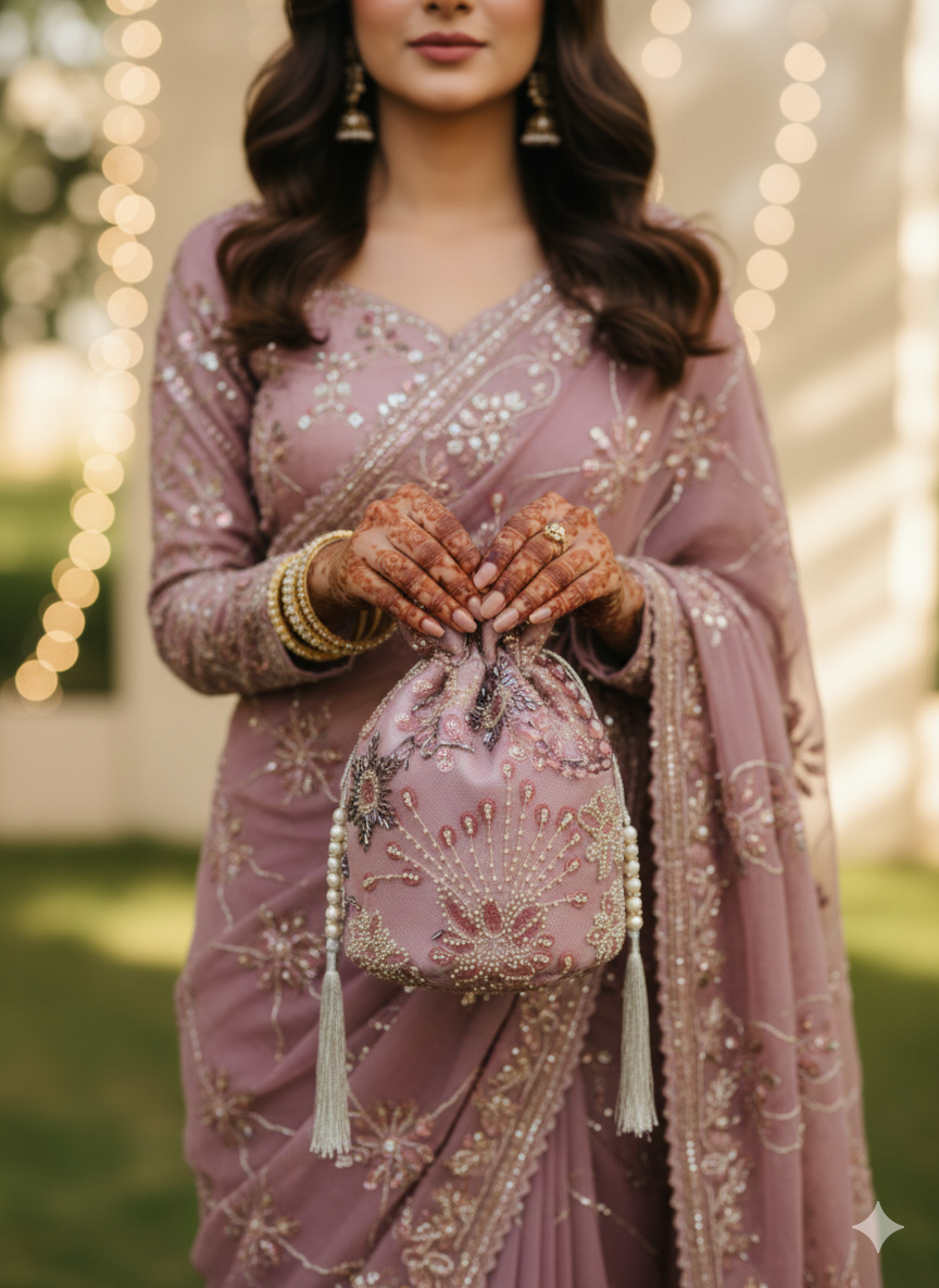 Dur-e-Nayab: Radiant Rose & Pearl Hand-Embellished Potli