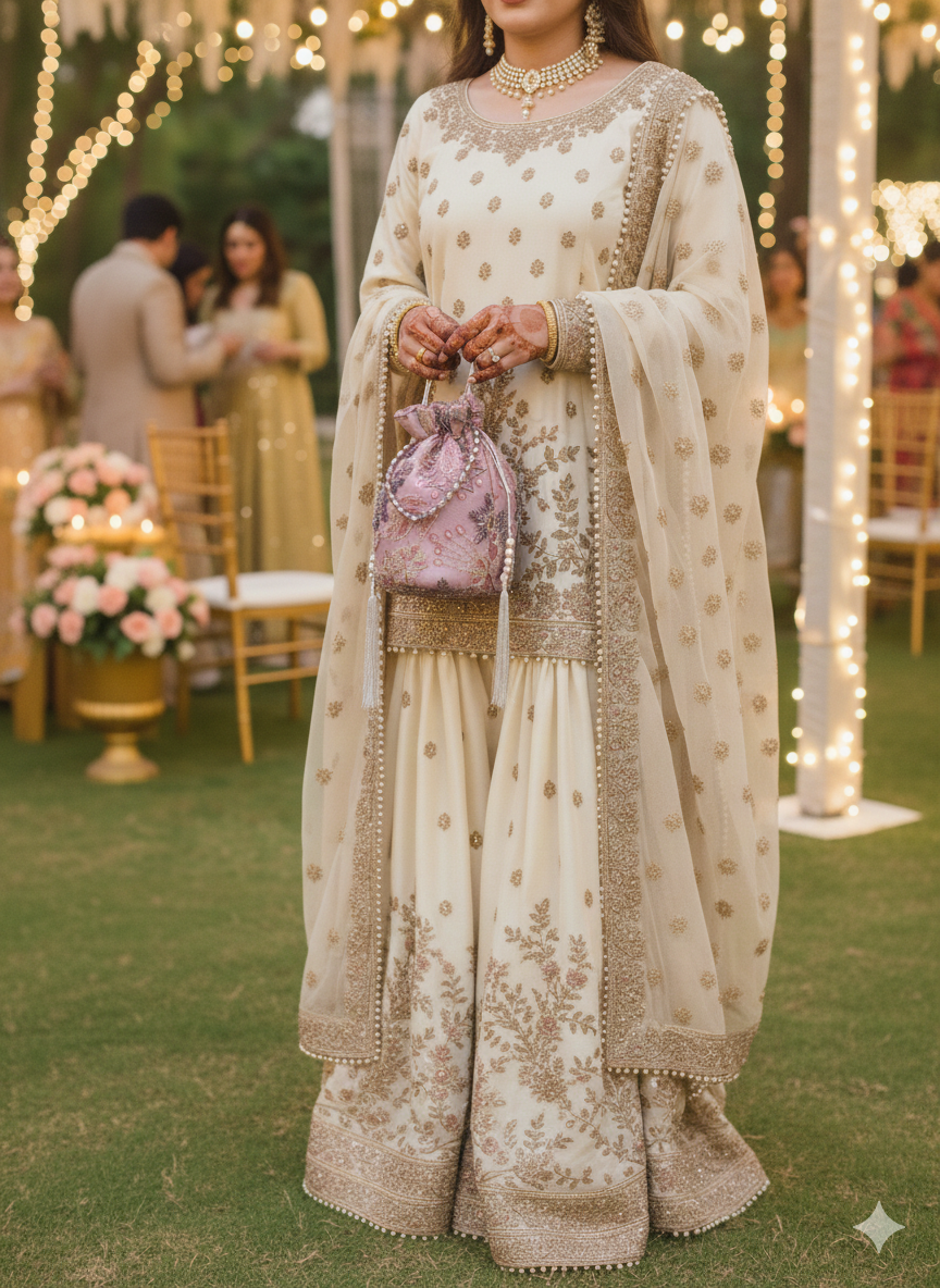 Dur-e-Nayab: Radiant Rose & Pearl Hand-Embellished Potli