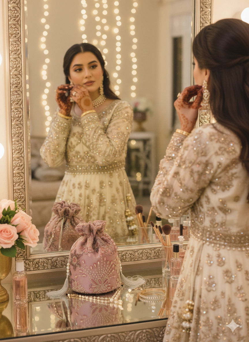 Dur-e-Nayab: Radiant Rose & Pearl Hand-Embellished Potli