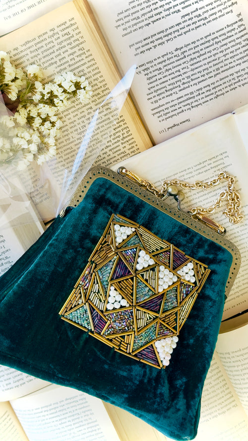 'The Jade Jewel' Emerald Green Velvet Hand-Embellished Frame Clutch