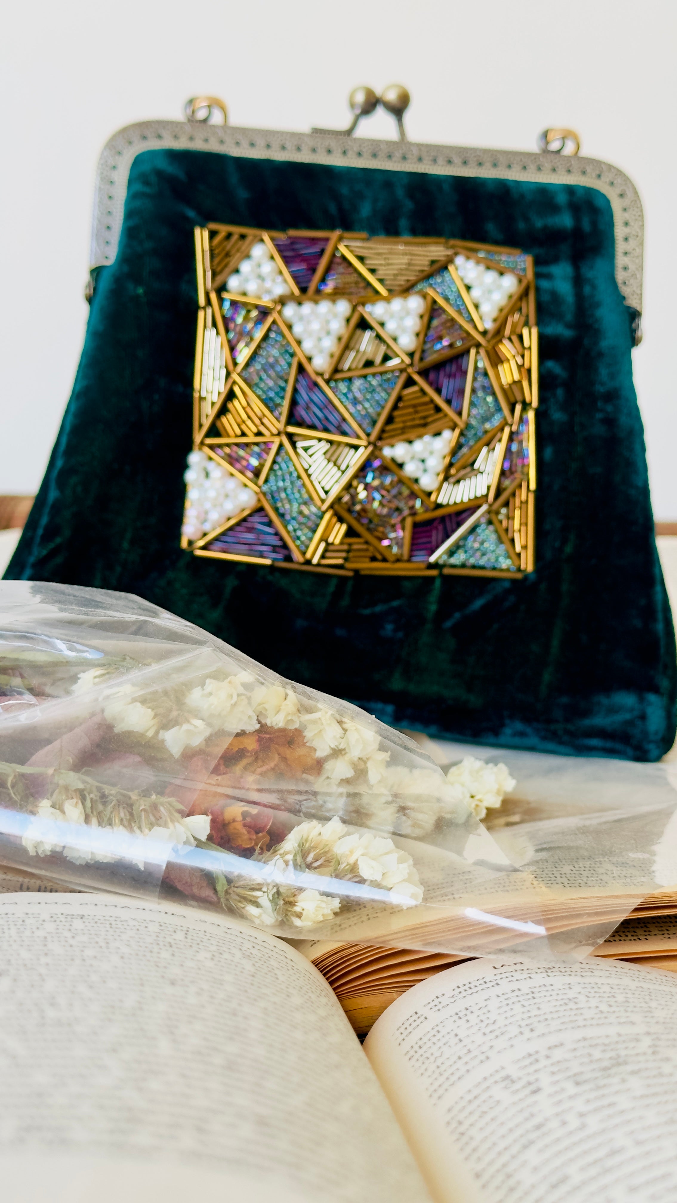 'The Jade Jewel' Emerald Green Velvet Hand-Embellished Frame Clutch