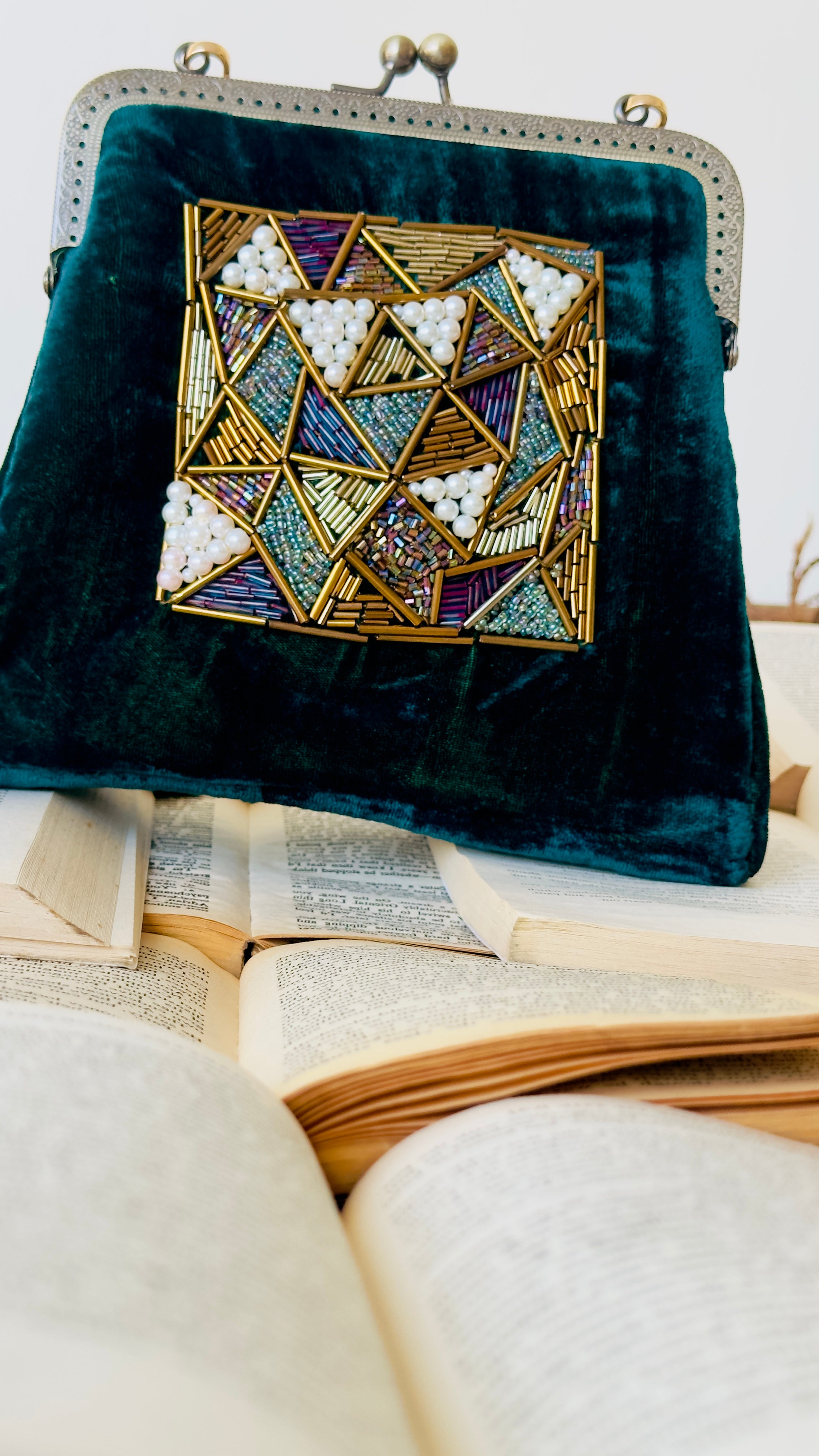 'The Jade Jewel' Emerald Green Velvet Hand-Embellished Frame Clutch