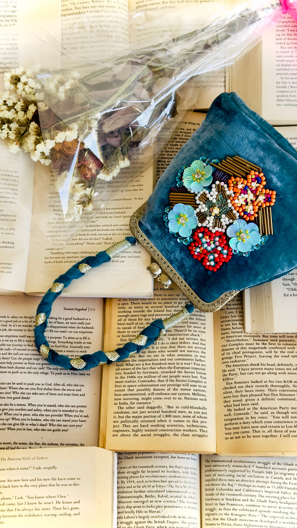 The Teal Tapestry - Hand-Embellished Velvet Kiss-Lock Handbag