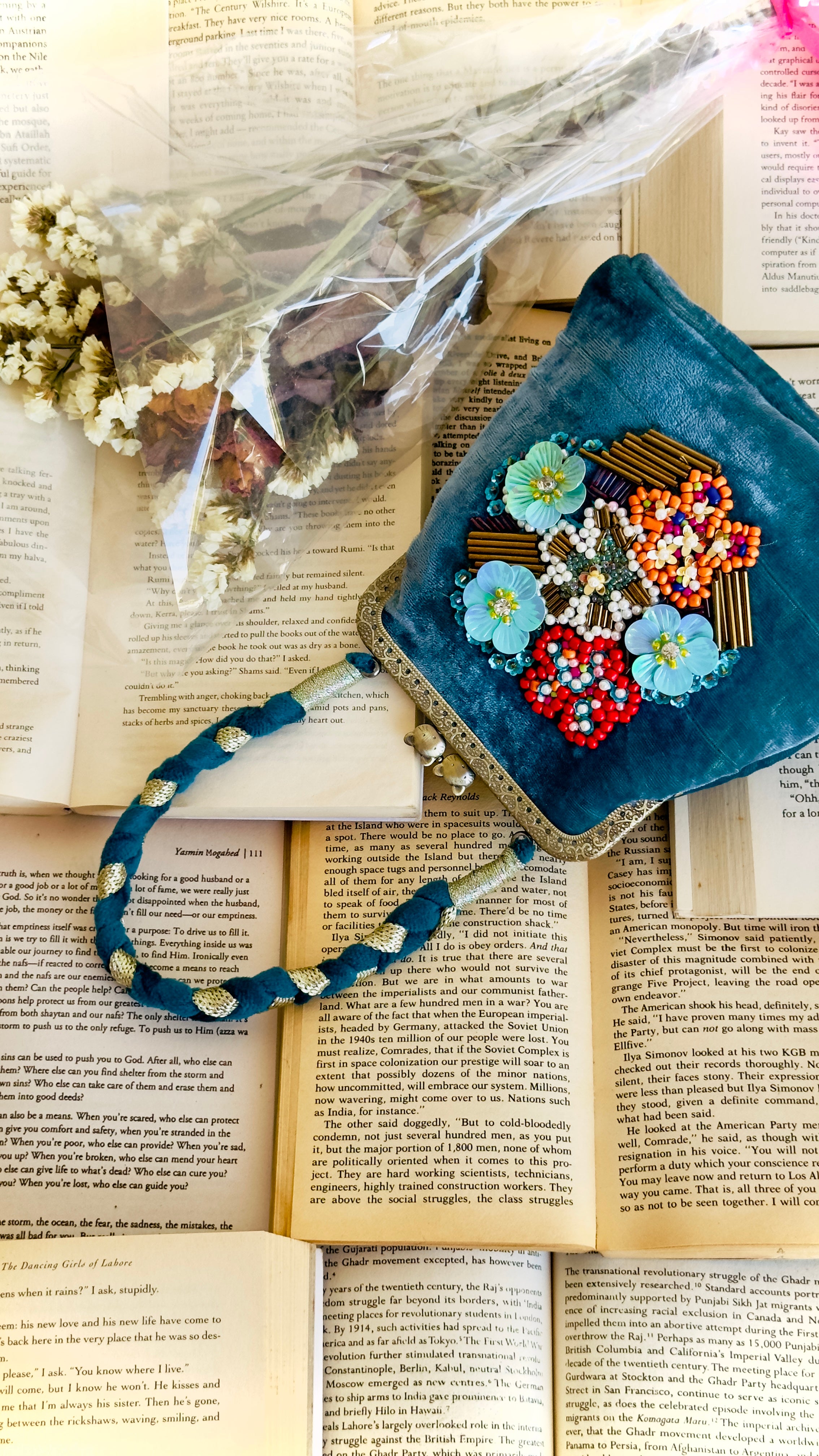 The Teal Tapestry - Hand-Embellished Velvet Kiss-Lock Handbag