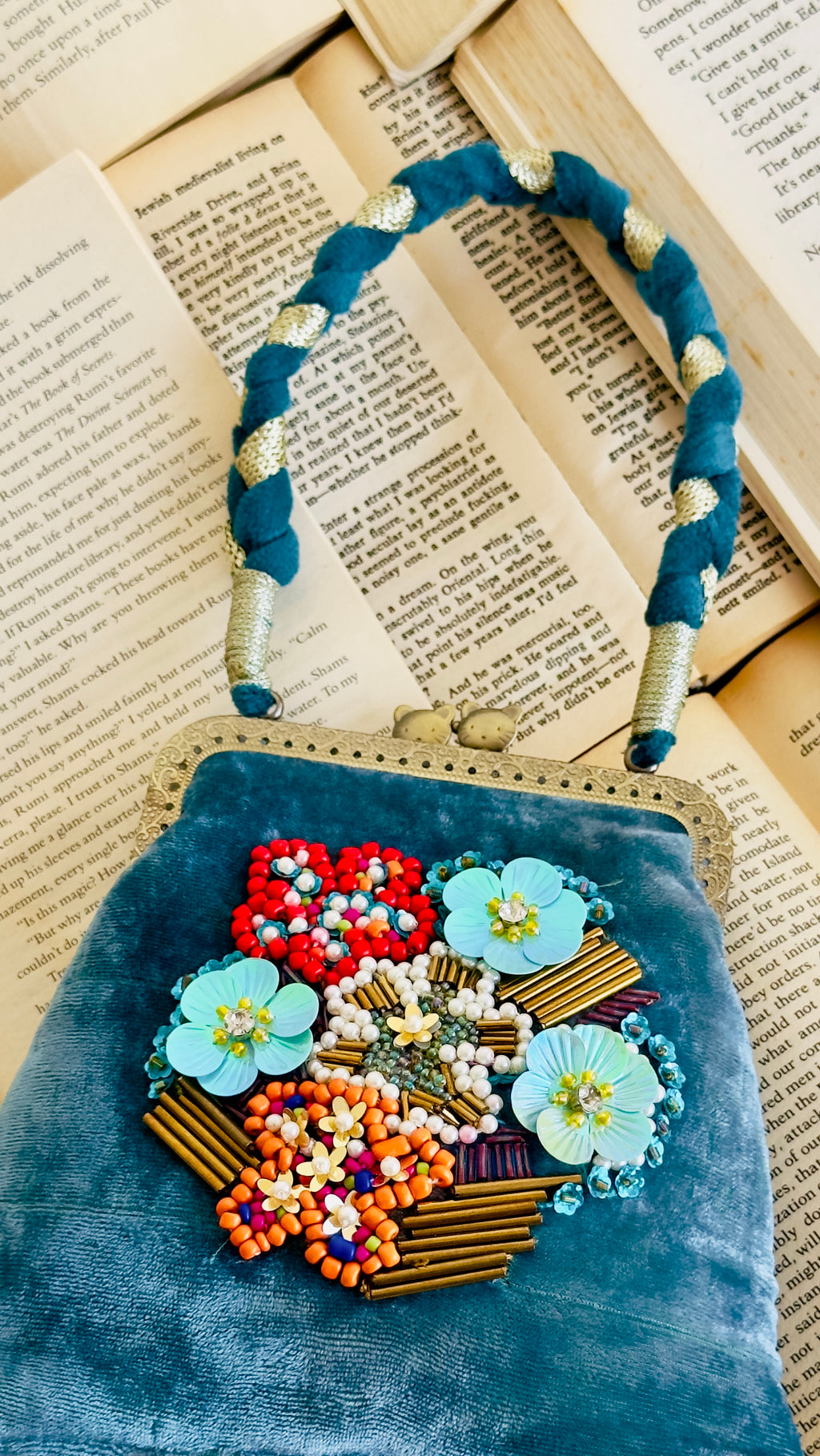 The Teal Tapestry - Hand-Embellished Velvet Kiss-Lock Handbag