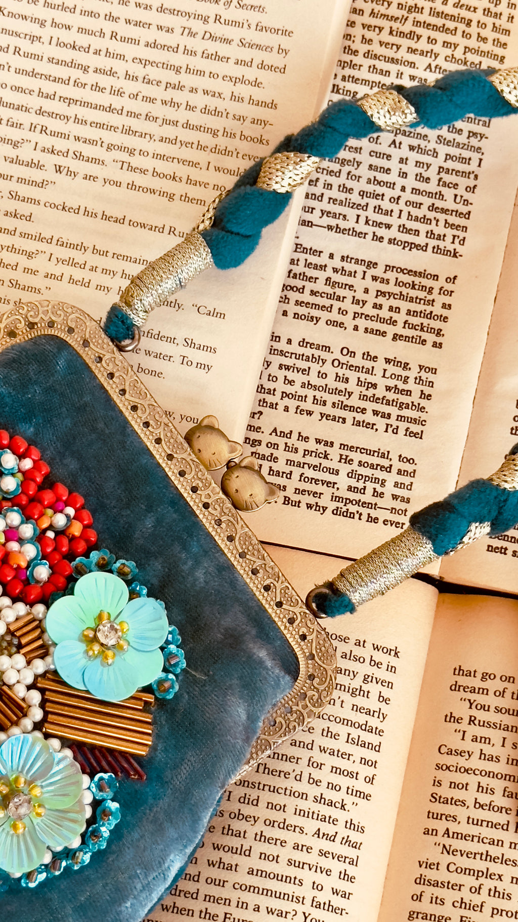 The Teal Tapestry - Hand-Embellished Velvet Kiss-Lock Handbag