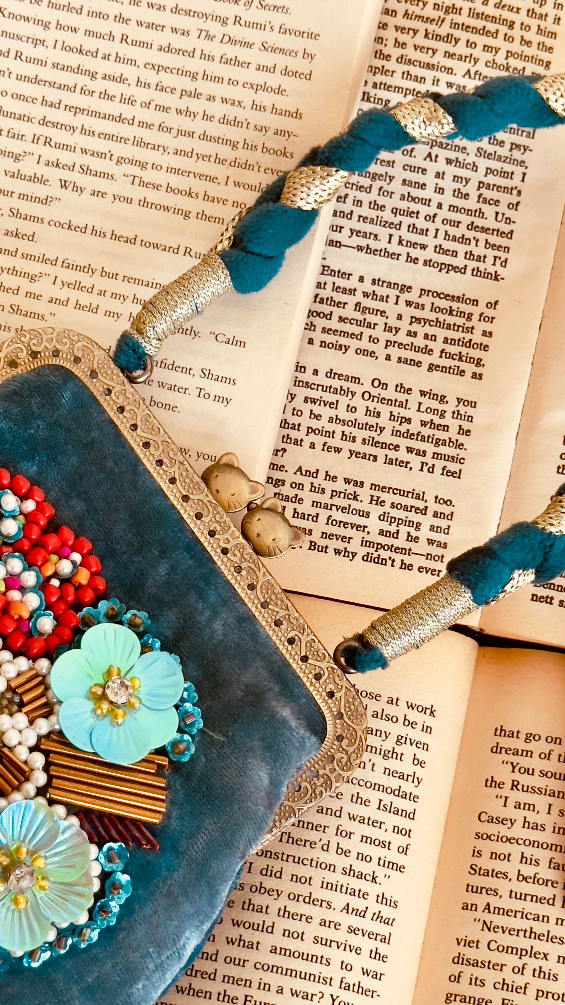 The Teal Tapestry - Hand-Embellished Velvet Kiss-Lock Handbag