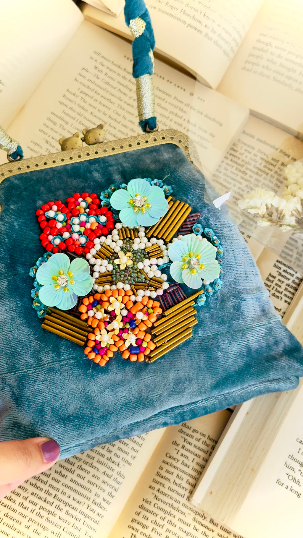 The Teal Tapestry - Hand-Embellished Velvet Kiss-Lock Handbag