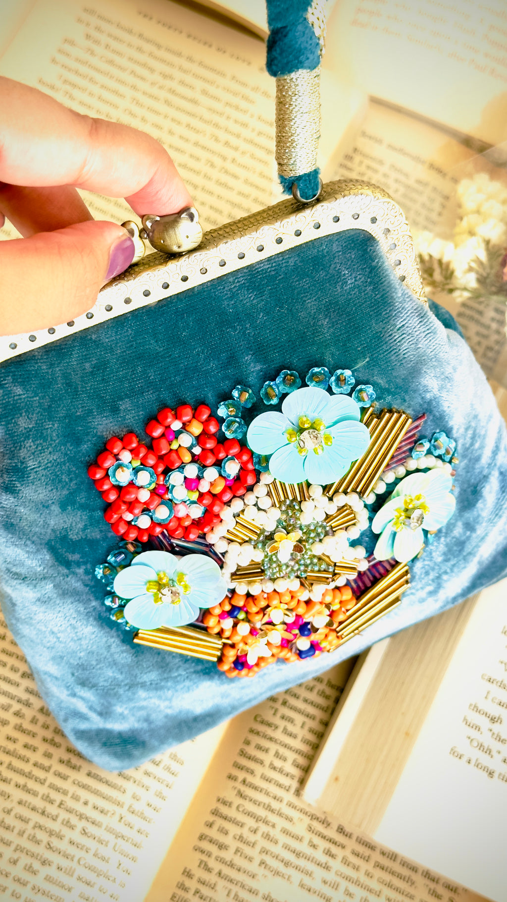 The Teal Tapestry - Hand-Embellished Velvet Kiss-Lock Handbag