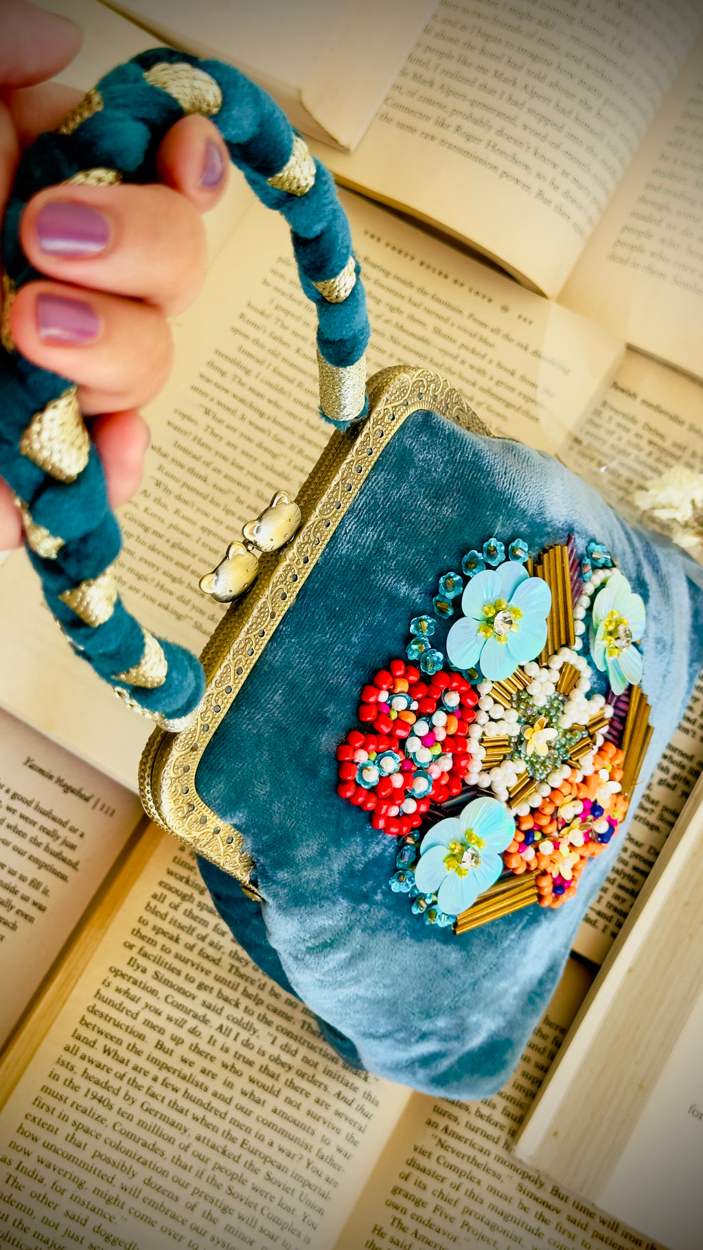 The Teal Tapestry - Hand-Embellished Velvet Kiss-Lock Handbag