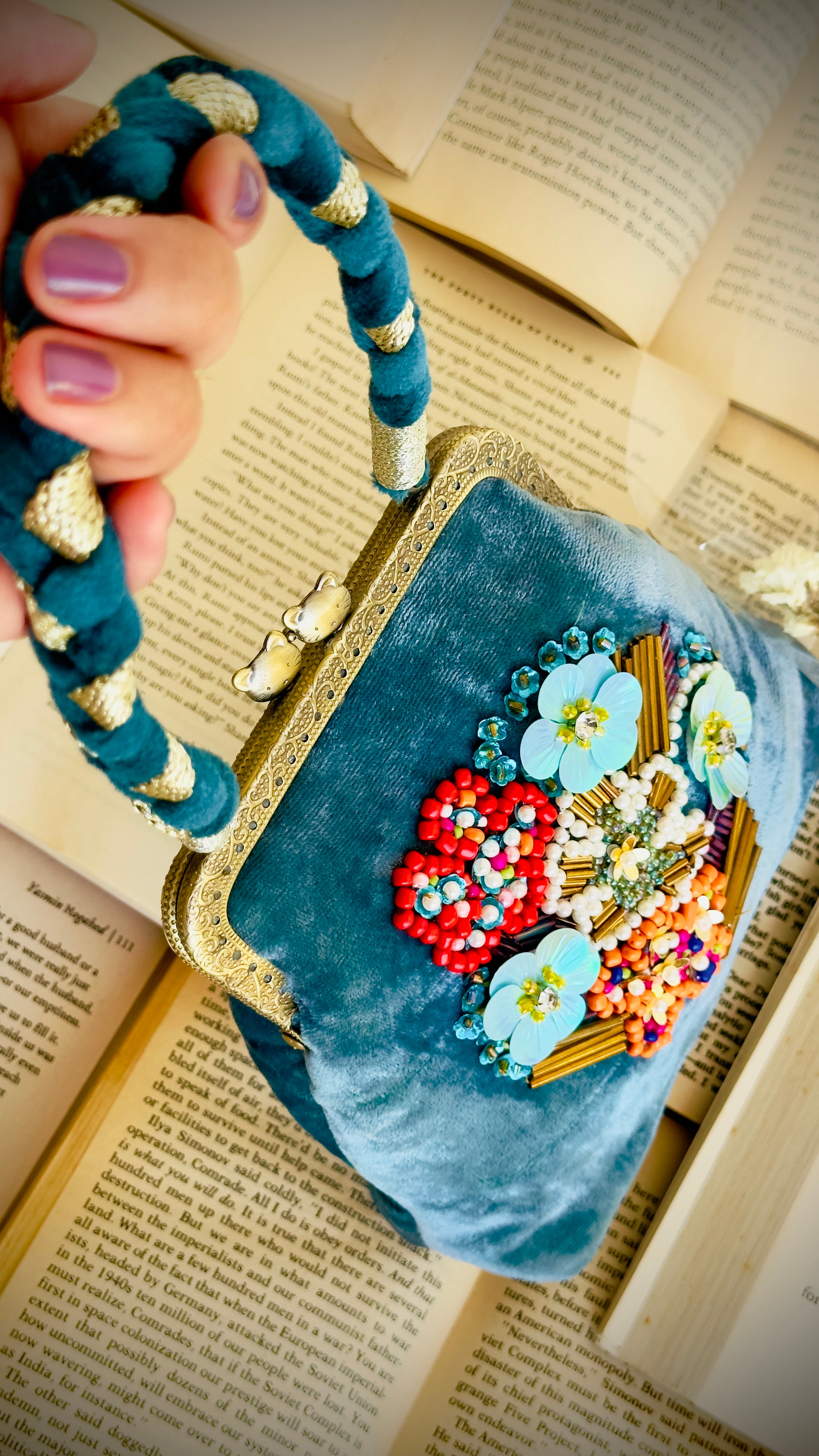 The Teal Tapestry - Hand-Embellished Velvet Kiss-Lock Handbag