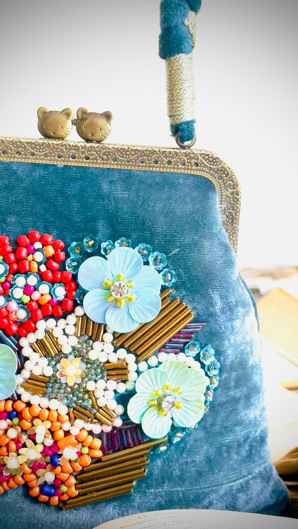 The Teal Tapestry - Hand-Embellished Velvet Kiss-Lock Handbag