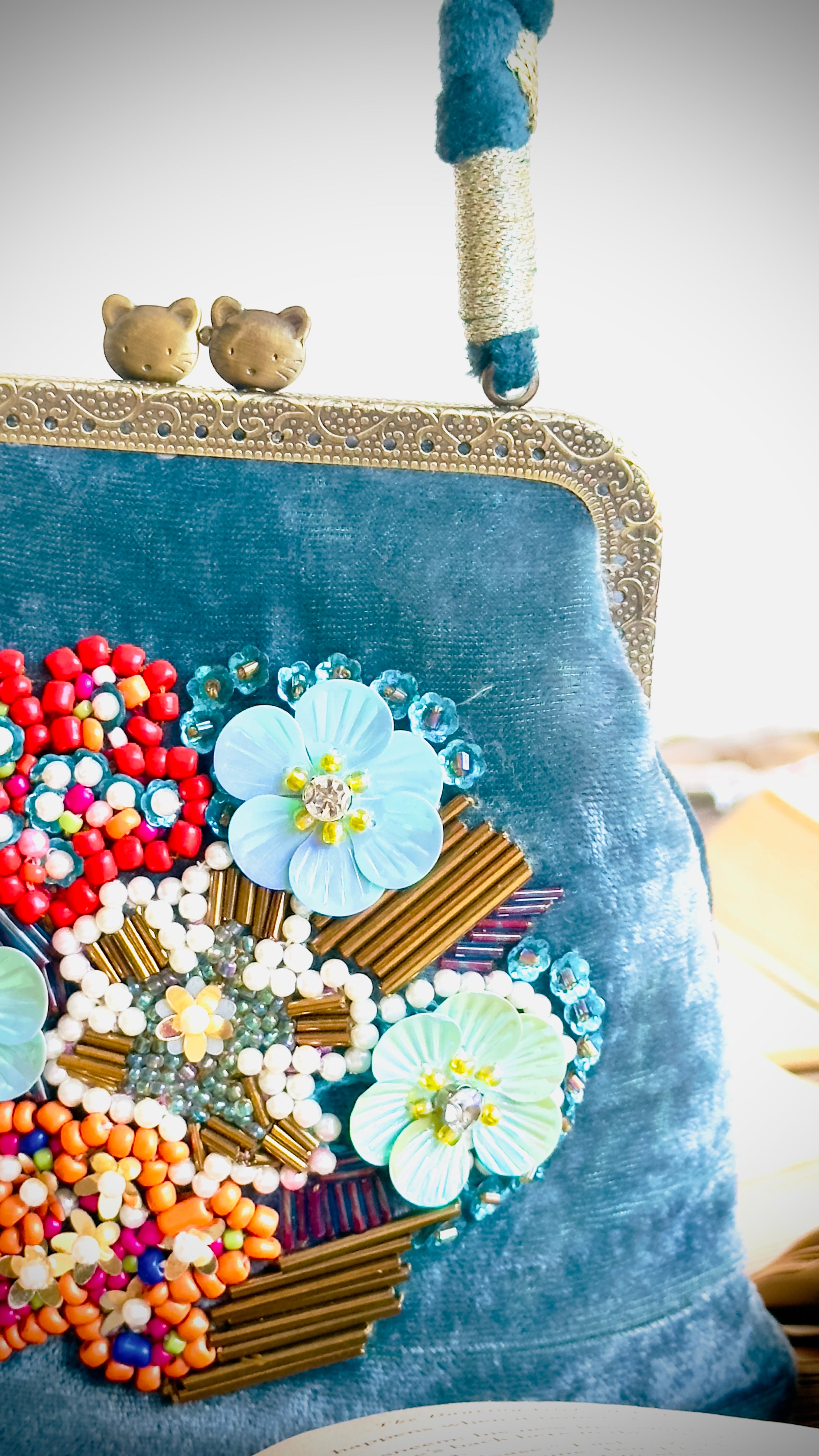 The Teal Tapestry - Hand-Embellished Velvet Kiss-Lock Handbag