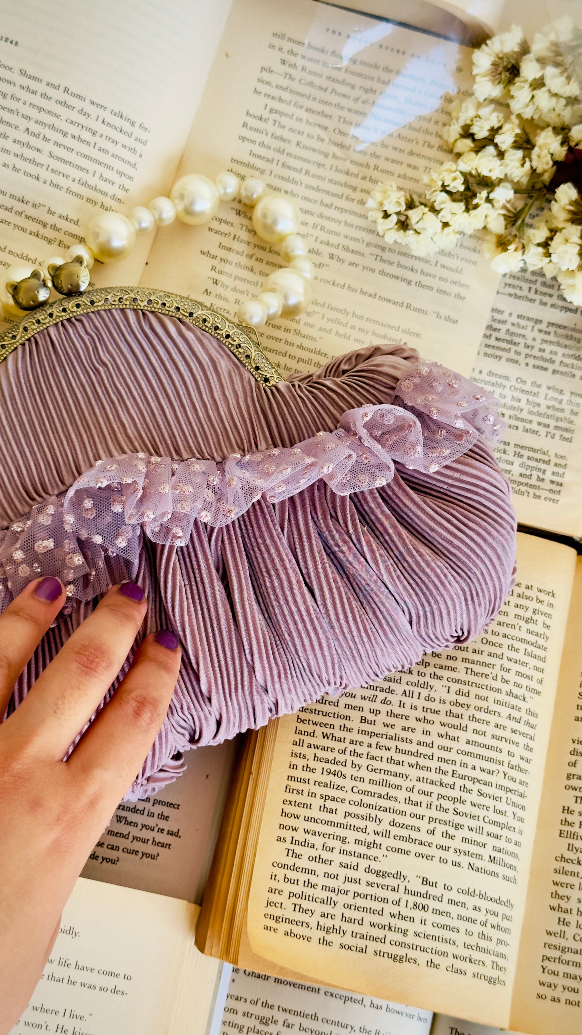 The Cotton Candy: Pleated Mauve Frame Clutch with Pearl Handle