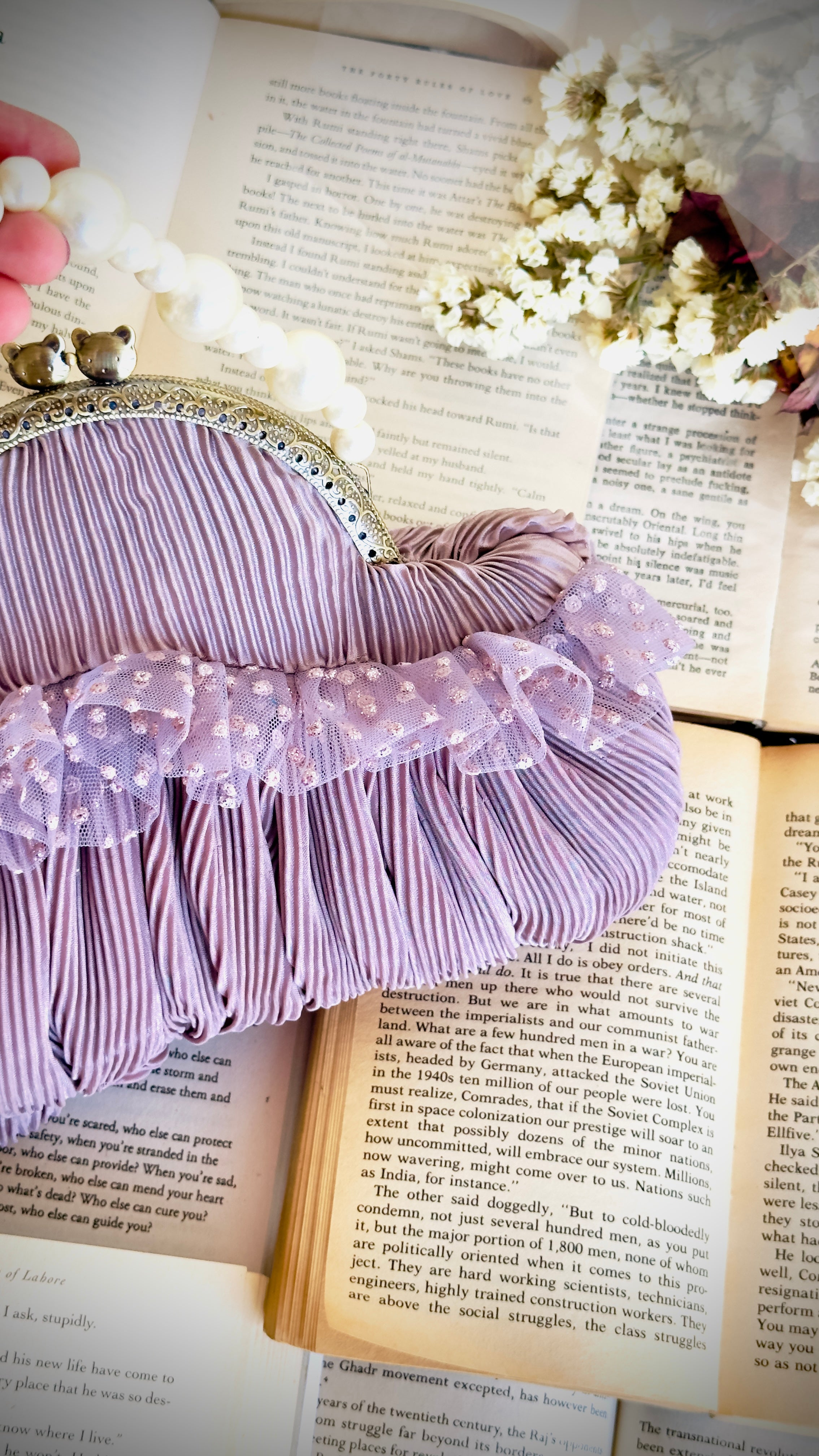 The Cotton Candy: Pleated Mauve Frame Clutch with Pearl Handle